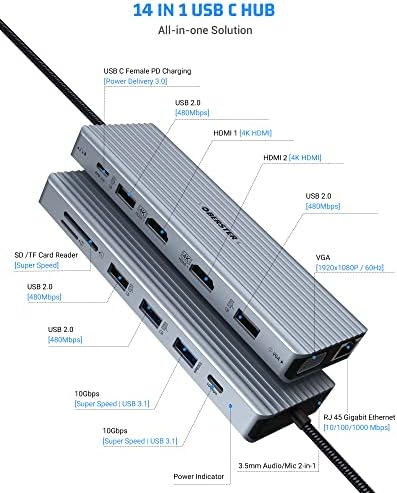 Estação de encaixe USB C Hub Dual Monitor, 14 em 1 Triple Display USB C Hub Adapte com 2 HDMI 4K+VGA+10