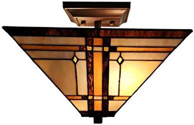 Tiffany Style Teto Fixtle Lamp Mission 14 Montagem semi -rubor de manchado largo vidro marrom marrom