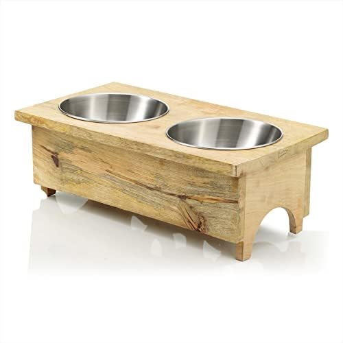 Pet Dog Cat Food Bandeja de madeira retangular com duas tigelas de aço inoxidável | Estação de alimentação