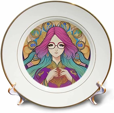3drose Art Nouveau Mulher. Senhora graciosa com cabelos roxos e copos redondos - pratos