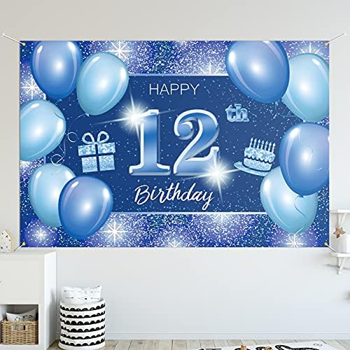 Feliz aniversário de 12 anos, decoração de banner azul - Dot Glitter Sparkle Decorações de temas de festa de aniversário