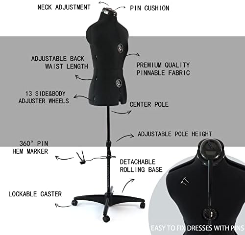 PDM World World World Black Dress forma mannequim ajustável para costura, tamanho do corpo do tamanho
