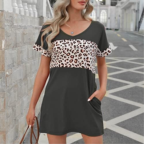 RBCULF Vestido de camiseta feminino Fashion Leopard Patchwork Sleeves Short Short Pocket Mini Dress Summer