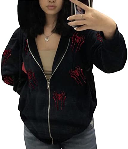 Zip feminino capuz Y2K Halloween Skeleton Hand Graphic Hooded Selto de moletom de manga longa Harajuku
