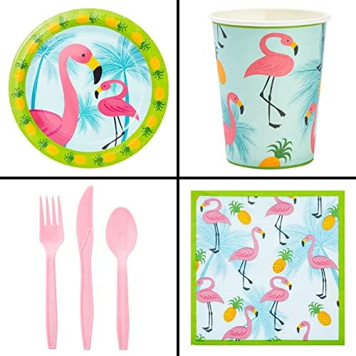 Rosa de 144 peças Flamingo Festas de aniversário, pratos de papel, guardanapos, xícaras, talheres para festa