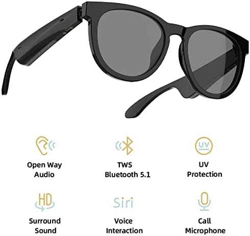 Óculos inteligentes ibuukie com fones de ouvido de orelha aberta, lentes Proteção UV/baixa latência Audio/Mic/alto-falantes