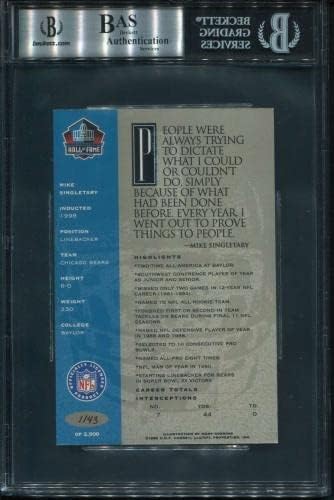 93 Mike Singletary - 1998 Ron Mix Hof Platinum Auto Football Cards classificados BGS AUTO - Bolsas