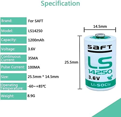 Yyshine 3.6V LS14250 Bateria de lítio de 1200mAh para SAFT LS14250 Bateria de 3,6V LS 14250 C 1/2 AA 3,6V Bateria