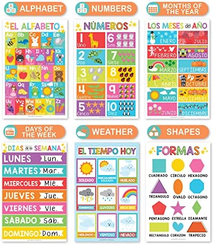 12 pôsteres educacionais espanhóis, gráfico de aprendizado bilíngue para Prek, jardim de infância e crianças da