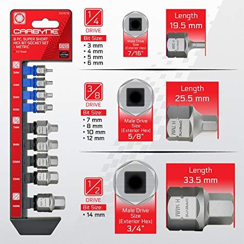 Carbyne Super Short Hex Bit Socket - 9 peças - métrica, 3mm a 14mm | S2 Steel • De uma empresa de