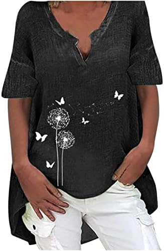 Vneck Linen Ladies Manga curta Dandelion Flor Relaxed Fit Casual Top Teen Girl W2