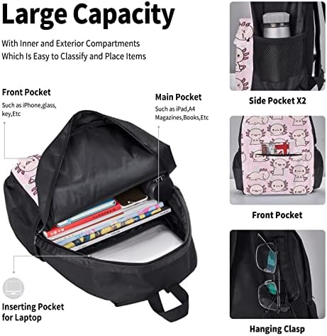 Mochilas de padrão axolotl para meninos adolescentes garotas de bookbag de bookbag Daypack com lancheira e caixa