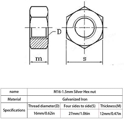 6PCS M16-1.5mm porca hexadecimal de prata, porca de rosca fina métrica feita de zinco, com grande superfície