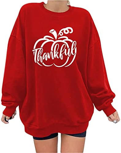 Ruziyoog Ação de Graças Pumpkin Printshirt para mulheres de tamanho longo da manga longa Crew pescoço