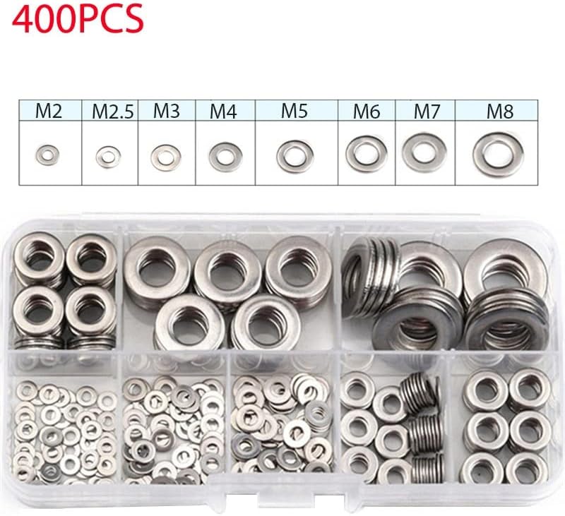400pcs Kit de arruelas planas de aço inoxidável para m2 m2.5 m3 m4 m5 m6 m8 m10 Metal Flat Washer