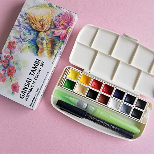 Kuretake Gansai Tambi, portátil 14 cores conjunto, conjunto de tintas em aquarela, qualidade profissional para artistas e artesãos, certificada por AP, cores de água para adultos, feitas no Japão