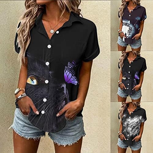 Camisa de botão com botão Voplct para mulheres 2023 Primavera verão Tops de manga curta Camisa de bolso de