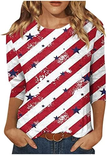 Zefotim 4 de julho Camisas mulheres 2023 3/4 manga o pescoço casual no verão da moda americana tops bluss