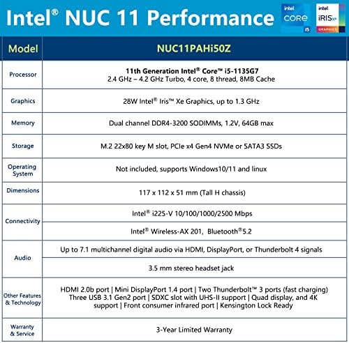 Intel nuc 11 nuc11pahi50z mini pc kit barebone, núcleo i5-1135g7 4-core, 2,4 GHz-4,2 GHz turbo, gráficos de 28w