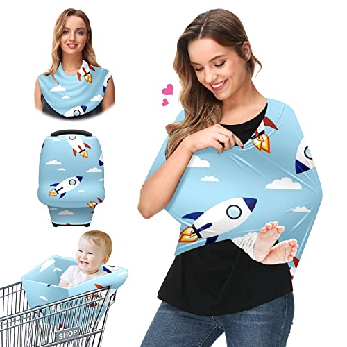 Capas de assento de carro para bebês foguetes voadores azul céu nuvens brancas tampa de enfermagem