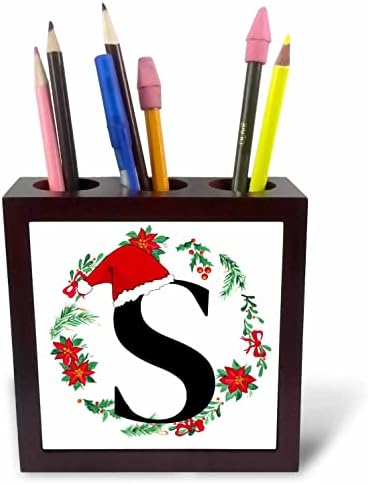 Monogram de Natal de 3drose Sitil com chapéu de Papai Noel e grinaldas - portadores de caneta de telha