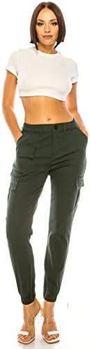 Calças de corredor de cintura alta feminina de jeans dupla - Casual Coloque a cintura elástica de banda de moletom diminuiu a fadiga com 6 bolsos