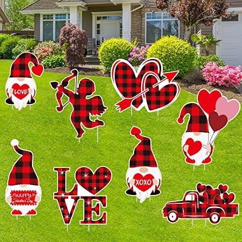 Sinais de pátio do dia dos namorados, 8 PCs Valentine Red & Black Buffalo Decorações de quintal xadrez com apostas
