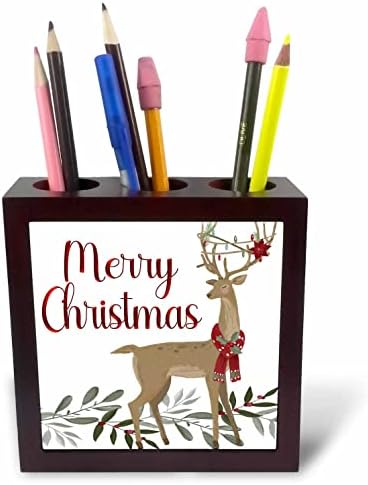 3drose feliz natal com um cervo de Natal em luzes e um cachecol - portadores de caneta de telha