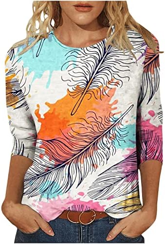 Camiseta de blusa para mulheres outono roupas de verão na moda 3/4 manga de pisca de pescoço de algodão