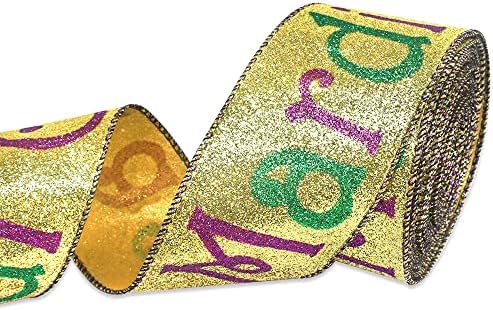 HYing Mardi Gras Ribbons para arcos de grinalda, fitas de borda com fio de ouro Glitter Mardi Gras Palavras