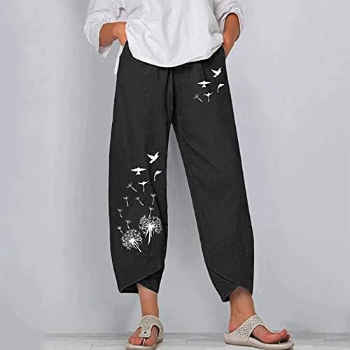 MTSDJSKF Mulheres Capri Capri, calça de linho macio de cintura elástica de pernas largas Capris com bolsos