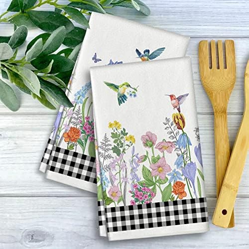 2 PCs Primavera Summer Hummingbird Toalhas de prato de cozinha, toalhas de chá de tulipas Butterfly Toalhas de louça, toalhas de mão floral selvagem de verão, decoração de cozinha de beija -flor, presentes de inauguração para casa para nova casa 18x27.5