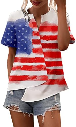 Camisas patrióticas para mulheres EUA bandeira de bandeira irregular vos de pescoço de cola curta Blouses