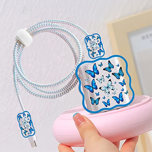 Diygody Clear Cable Cable Protector para iPhone Charger com Blue Butterflies Waves Padrão, linha