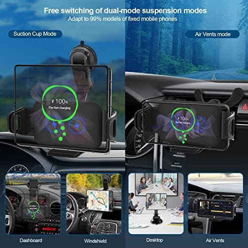 Fulney Wireless Car Charger Mount, 15W Bobinas duplas de carregamento rápido Apertencamento automático