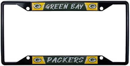 Green Bay Packers NFL premium preto de liga de zinco de zinco quadro de placa de carteira - 4 parafuso portador com graffiti estilo letras - fundo preto e cores da equipe complementam qualquer caminhão colorido, SUV, carro