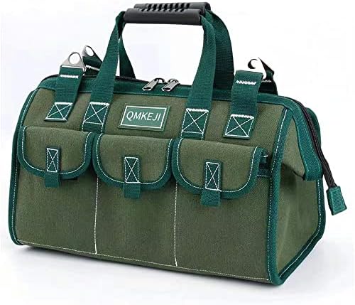 QMKEJI 17 in Saco de ferramentas com fundo macio à prova d'água, bolsa de armazenamento de jardim, bolsa organizadora de casa, design de armazenamento aberto largo, 16 bolsos pequenos, alça de ombro ajustável, de pé, verde