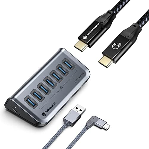 Hub USB alimentado com cabo USB A a C ângulo reto e cabo USB C - reto, adequado para todos os