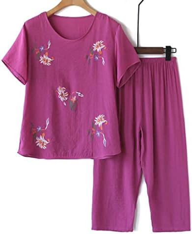 2023 Mulheres Pijama de duas peças define tampos de manga curta com co -banda elástica Capri Leggings Sleepwear