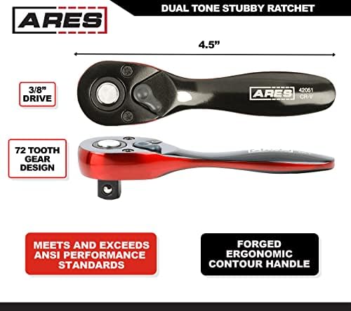 Ares 42051-3/8 polegadas Drive Stubby Dual Tone de 72 dentes Ratche - Feito de Aço Vanádio Chrome - acabamento