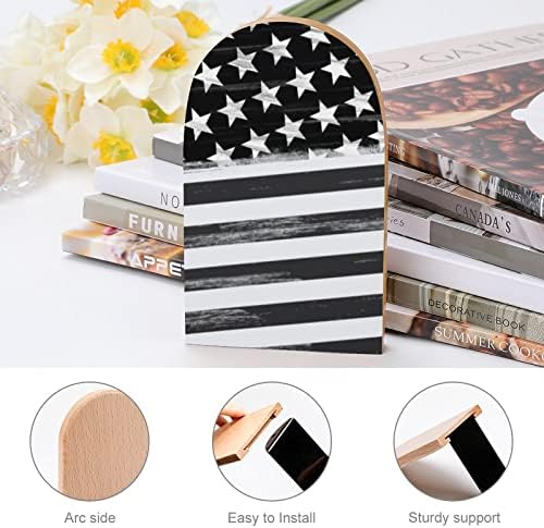 Black American Flag Impresso Book End Livros de madeira 1 par para prateleiras Stand de livro pesado 5 x