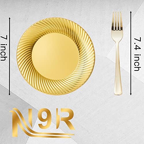 N9R 60pcs Placas de sobremesa plásticas de ouro com garfos, incluem 30pcs de sobremesa descartáveis