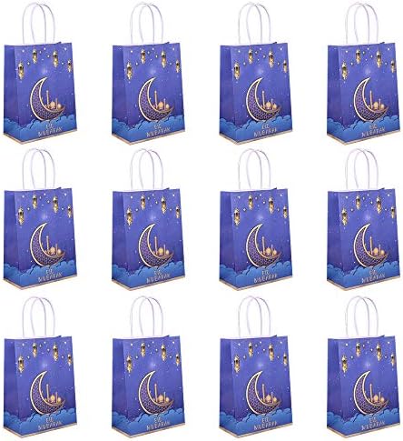 12pcs Eid Mubarak favorece os sacos de papel lanterna da lua, sacolas de presentes muçulmanas do