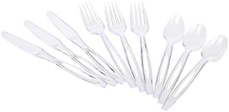 Cutreiros de plástico descartáveis ​​felizes, conjunto variado | Limpar garfos, facas e colheres extras de serviço