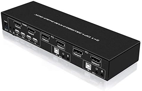 E-SDS Dual Monitor DisplayPort KVM Switch 2 Porta com áudio e microfone, hub USB 2.0, interruptor